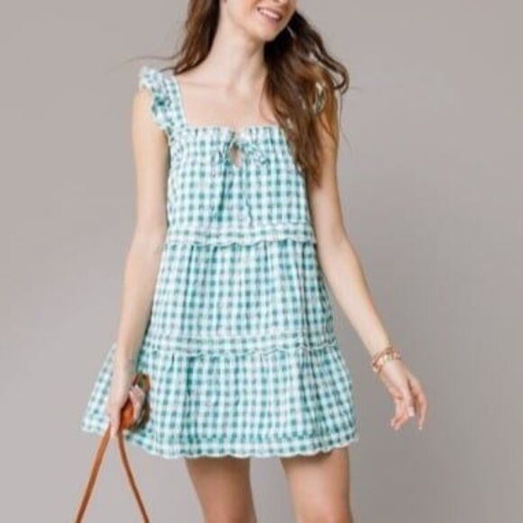 Francesca’s Janice Green and White Gingham Tiered Mini Dress Size XL NWOT - Picture 1 of 10